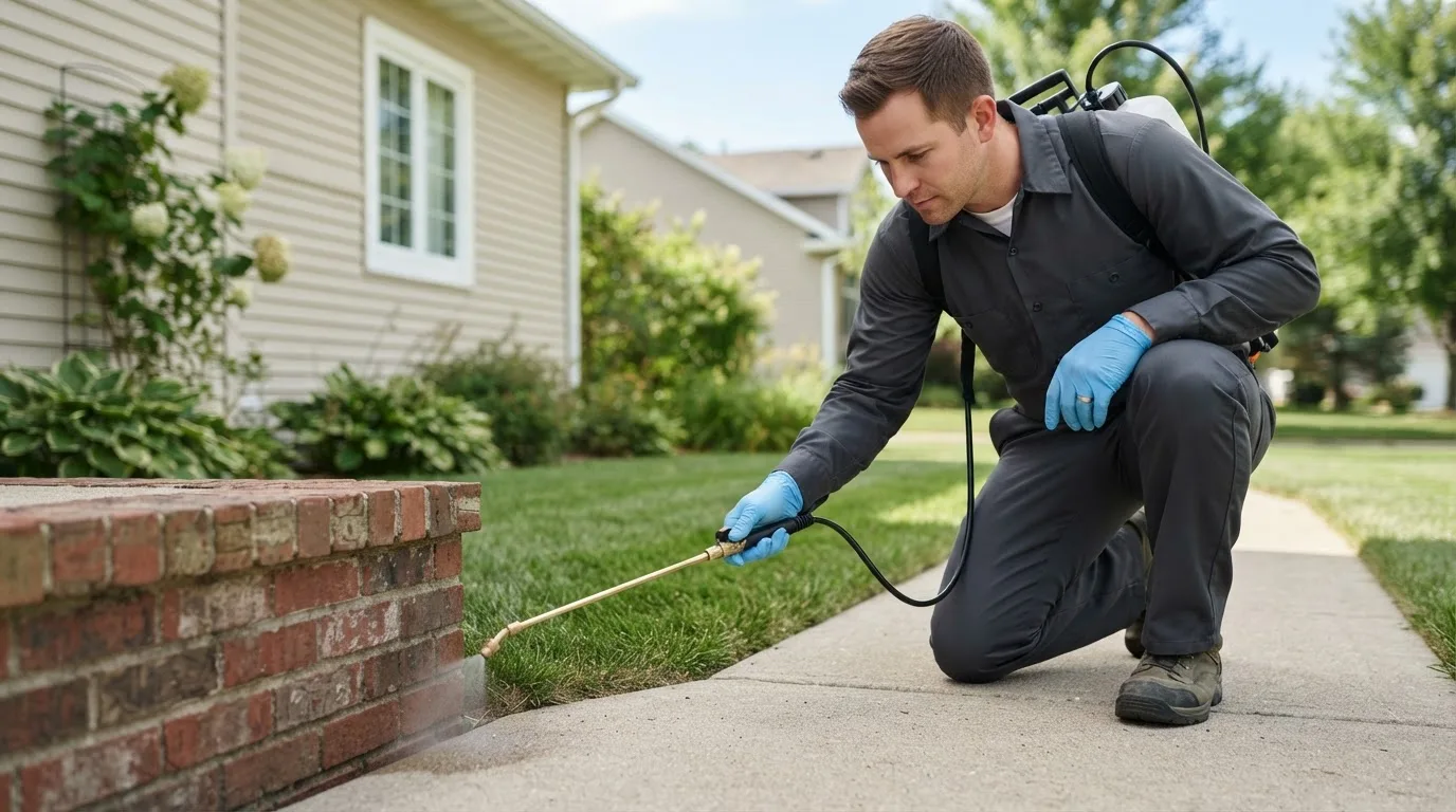 Pest control technician treating a home near Ellendale, DE